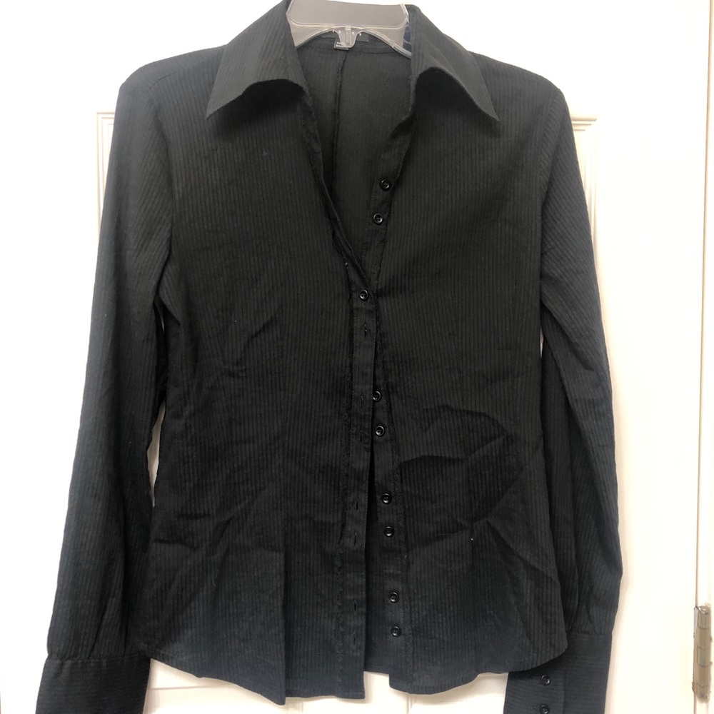 Sisley | Black Lace Stripe Sheer Button Down